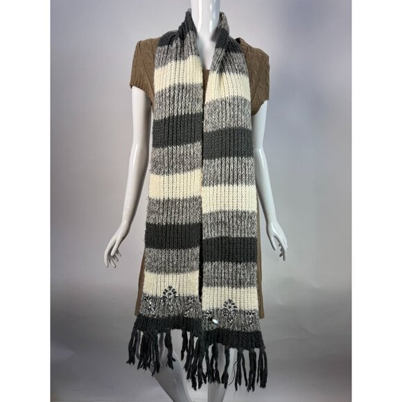 Charming Charlie Gray & Ivory Striped Knit Scarf W/ Rhinestone Embellishments & - Picture 2 of 12